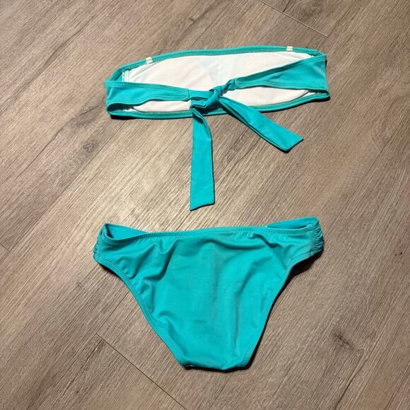 Victoria’s Secret Bikini Set Sz Sm Bandeau Top, Ruched Hipster Bottoms Teal Blue - Picture 8 of 12